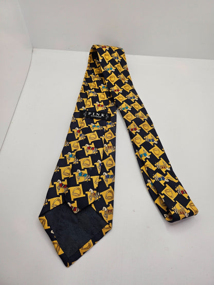 Thomas Pink Silk Tie Mens Black Yellow Equestrian Horse Novelty Vtg Necktie BX26
