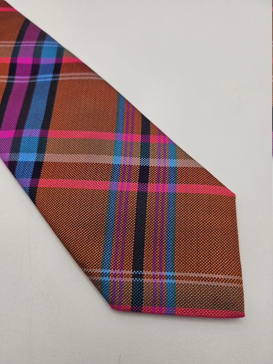 Thomas Pink Mens Silk Tie Brown Pink Blue Check Plaid Vtg Retro Wedding