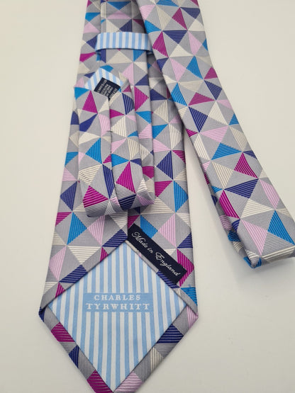 Charles Tyrwhitt Silver Geometric Mens Silk Tie Classic Designer Necktie Geometric Vintage Mens Tie UK BX13