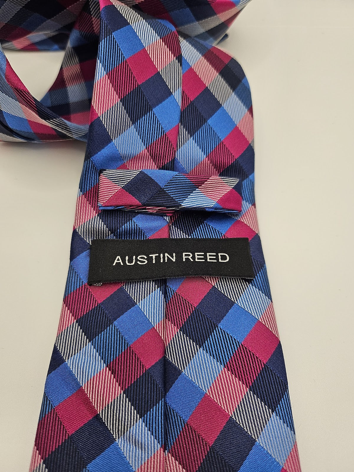 Austin Reed Mens Silk Tie Blue Pink Checked Vtg Retro Wedding Neck Tie