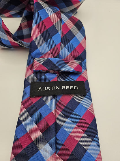 Austin Reed Mens Silk Tie Blue Pink Checked Vtg Retro Wedding Neck Tie