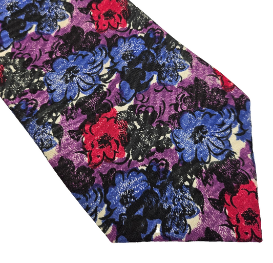Christian Dior Mens Silk Tie Blue Purple Flower Art Vtg Retro Wedding Neck Tie