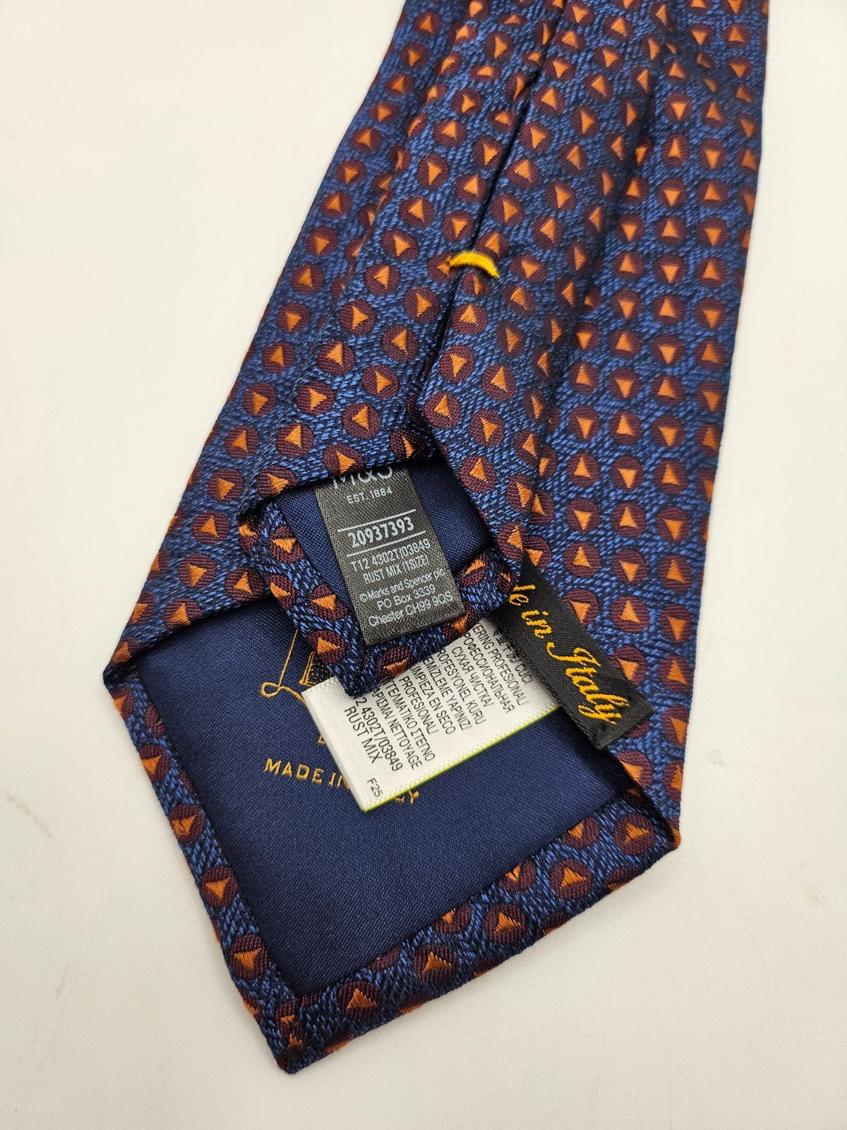 Marks & Spencer Silk Tie Mens Navy Orange Geometric Triangle Retro Neck Tie BX20