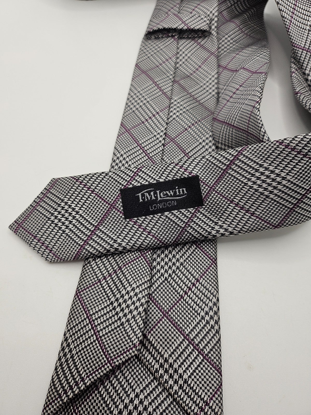 T.M. Lewin Silk Tie Mens Grey Purple Windowpane Overcheck Vintage Neck Tie BX26