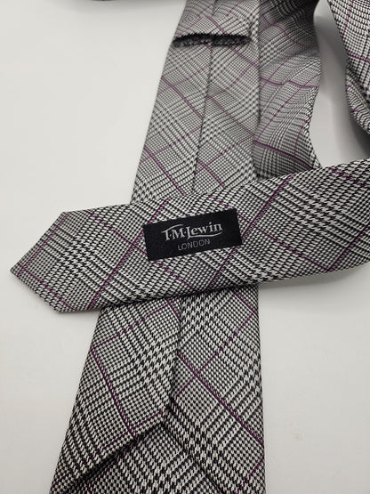 T.M. Lewin Silk Tie Mens Grey Purple Windowpane Overcheck Vintage Neck Tie BX26