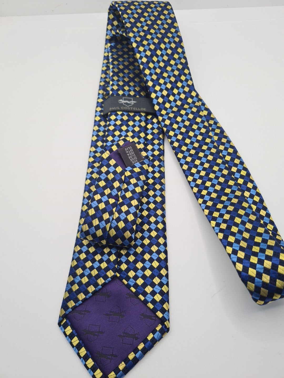 Paul Costelloe Blue Yellow Geometric Mens Silk Tie Classic Designer Necktie Geometric Vintage Mens Tie UK BX12