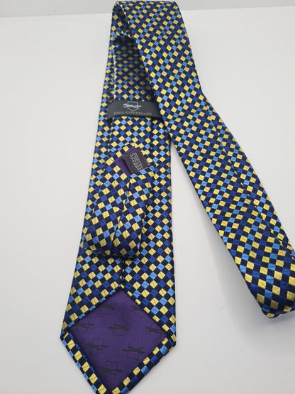Paul Costelloe Blue Yellow Geometric Mens Silk Tie Classic Designer Necktie Geometric Vintage Mens Tie UK BX12