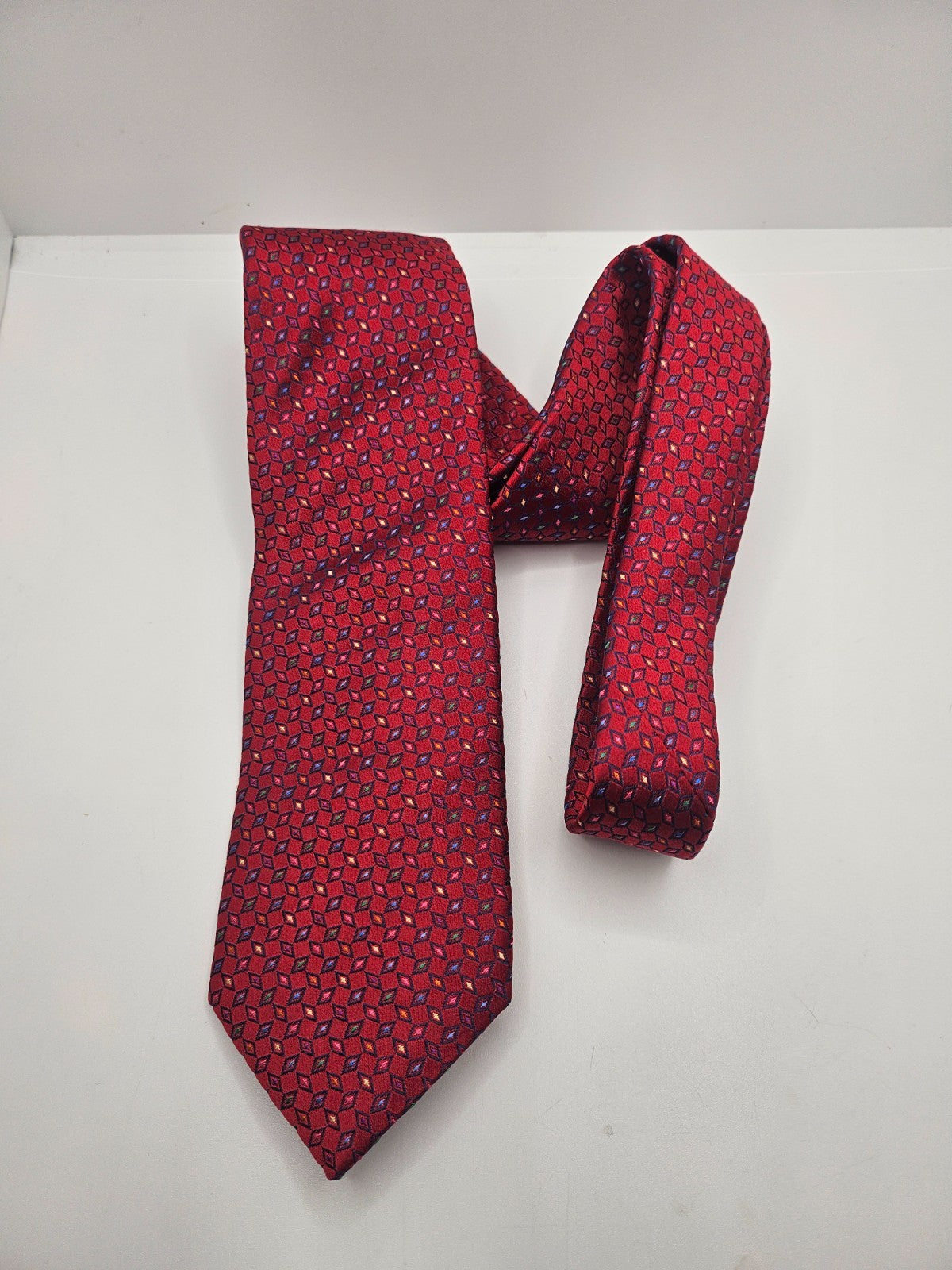 Charles Tyrwhitt Silk Tie Mens Red Colorful Geometric Classic Y2k Neck Tie BX13
