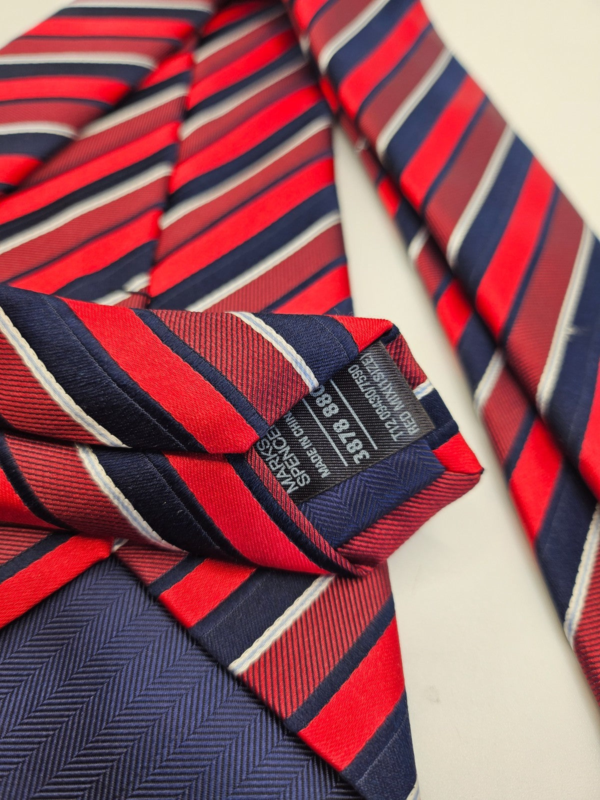 Marks & Spencer Red Navy Striped Silk Tie