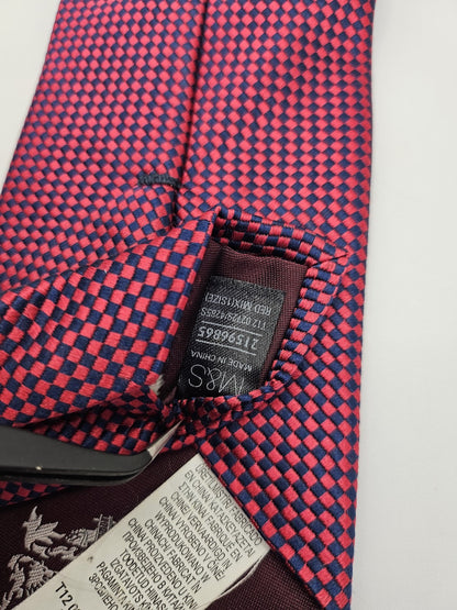 M&S Mens Tie Red Navy Geometric Checked Vtg Retro Wedding Neck Tie