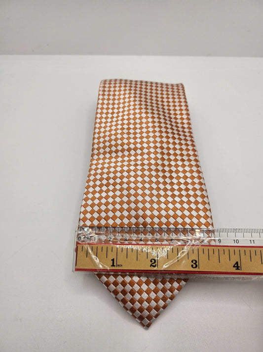 T.M. Lewin Silk Tie Mens Orange Silver Check Designer Wedding Vtg Necktie BX18