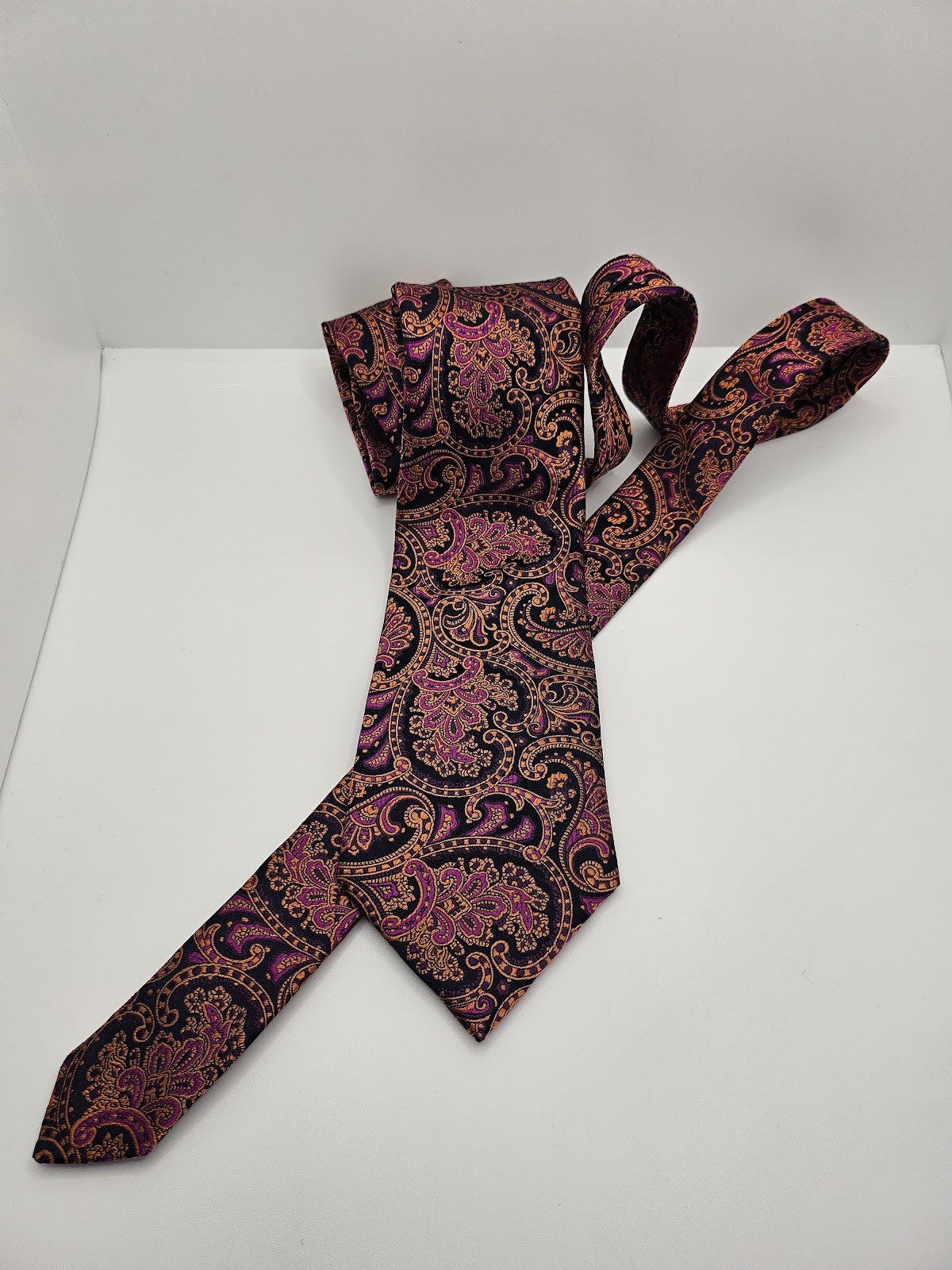 M&S Mens Silk Tie Purple Orange Paisley Vtg Retro Wedding Neck Tie