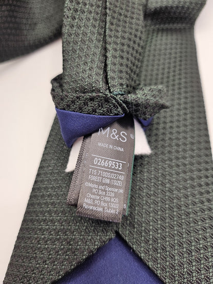 M&S Mens Silk Tie Forest Green Geometric Vtg Retro Wedding Neck Tie