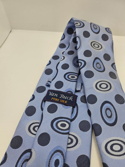 Van Buck Silk Tie Mens Blue White Geometric Pattern Vintage Wedding Neck Tie BX2