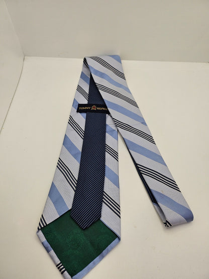Tommy Hilfiger Silk Tie Mens Light Blue Striped Statement Designer Necktie BX26
