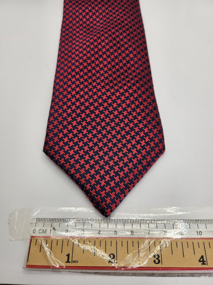 M&S Mens Silk Tie Red Blue Houndstooth Geometric Vtg Retro Wedding Neck Tie