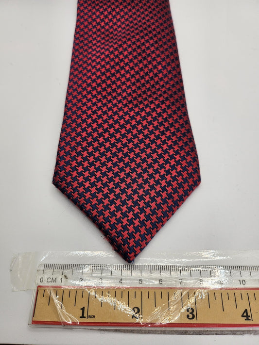 M&S Mens Silk Tie Red Blue Houndstooth Geometric Vtg Retro Wedding Neck Tie