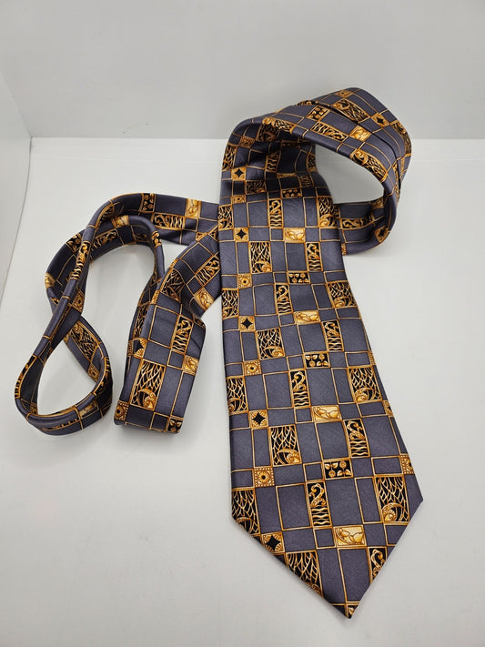 Lanvin Paris Mens Silk Tie Gold Grey Geometric Vintage Retro Wedding Neck Tie R1