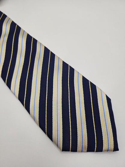 T.M. Lewin Mens Silk Tie Navy Blue Yellow Striped Vtg Retro Wedding Neck Tie