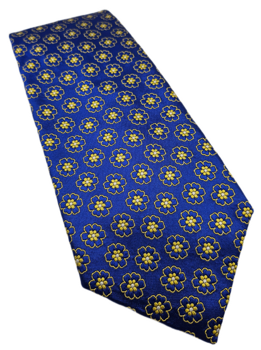 Charles Tyrwhitt Silk Tie Mens Royal Blue Yellow Floral Foulard Neck Tie BX13