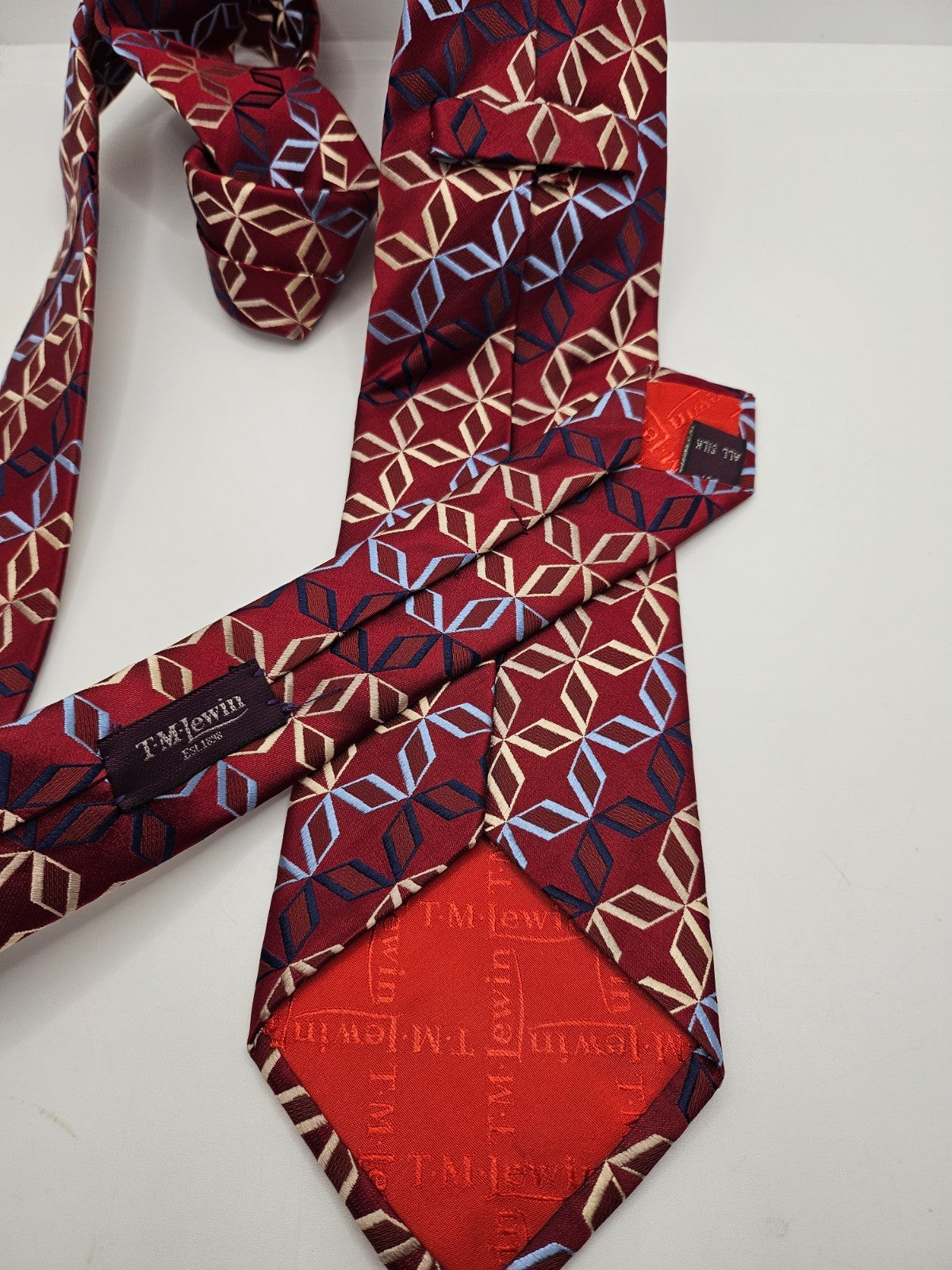 T.M.Lewin Silk Tie Mens Red Woven Geometric Lattice Diamond Wedding Necktie BX20