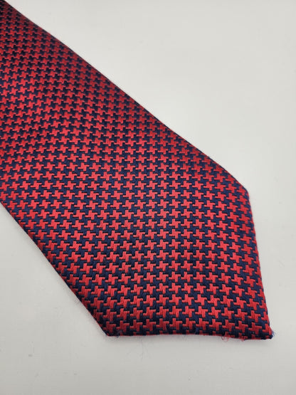 M&S Mens Silk Tie Red Blue Houndstooth Geometric Vtg Retro Wedding Neck Tie
