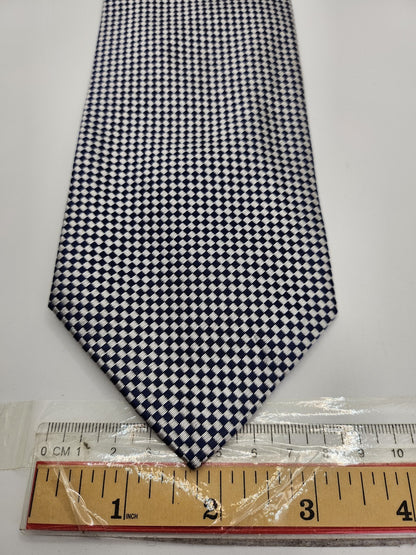Unknown Mens Silk Tie Navy Blue White Checked Vtg Retro Wedding Neck Tie