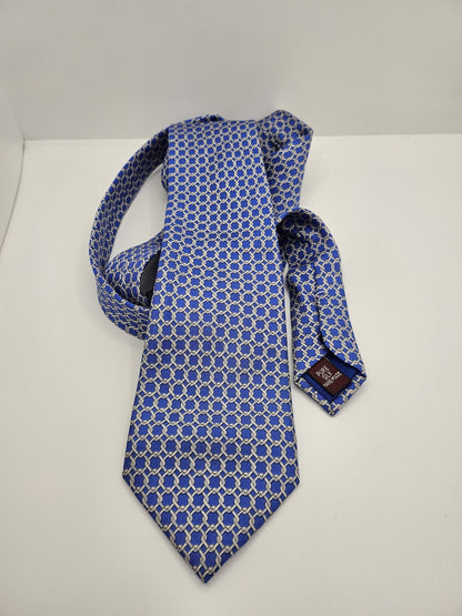 T.M.Lewin Mens Silk Tie Blue Geometric Chain Vtg Retro Wedding Neck Tie