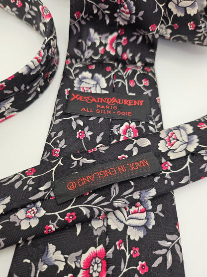 YSL Yves Saint Laurent Mens Silk Tie Floral Print Vtg Retro Wedding Neck Tie R9