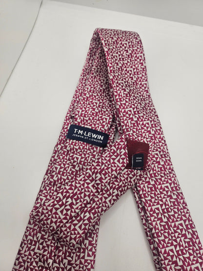 TM Lewin Jermyn Silk Tie Mens Burgundy Silver Geometric Wedding Vtg Necktie BX18
