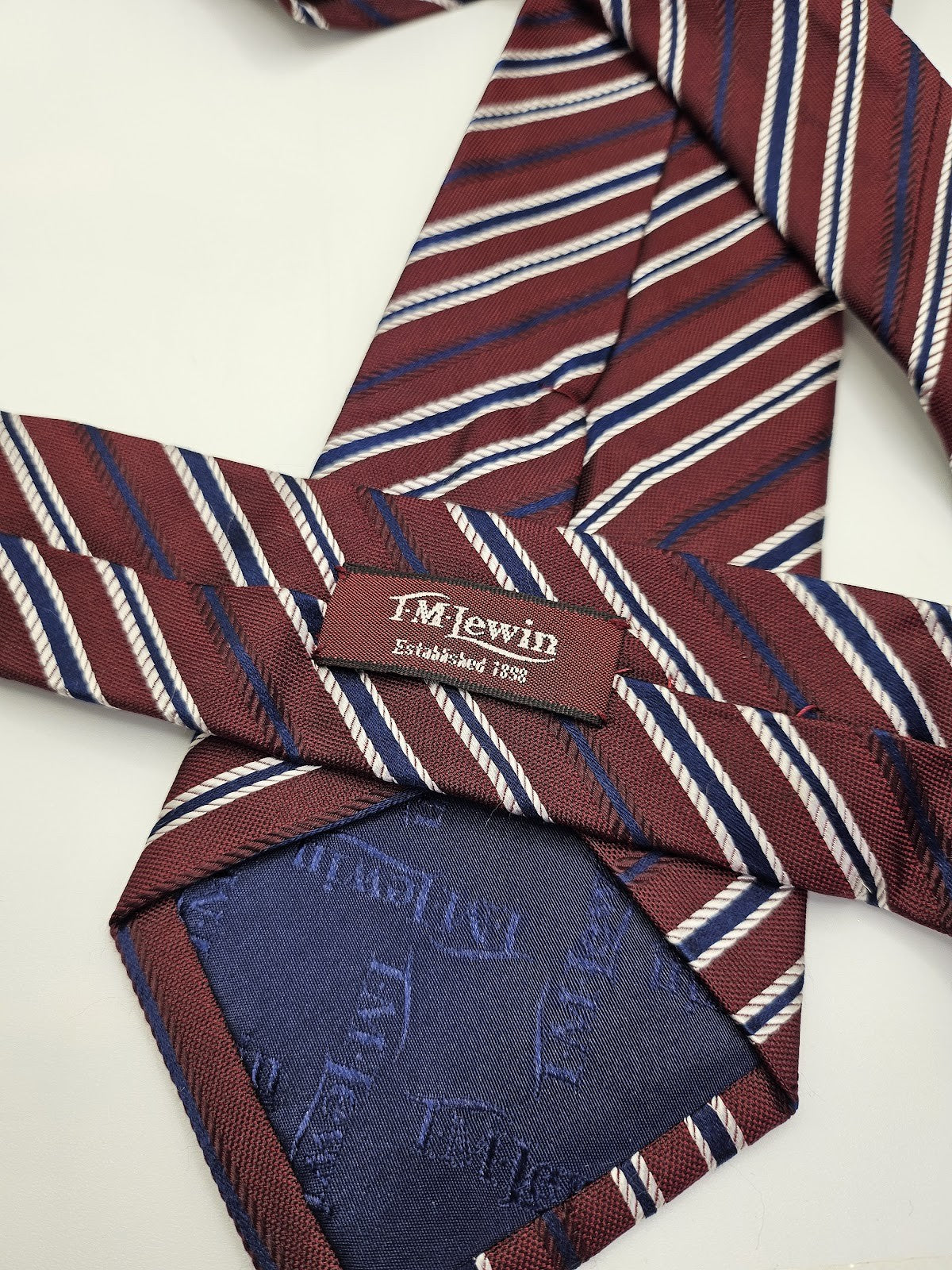 T.M.Lewin Mens Silk Tie Burgundy Blue Striped Vtg Retro Wedding Neck Tie