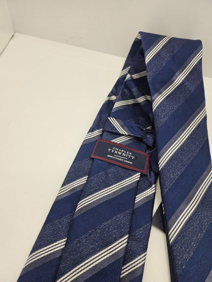 Charles Tyrwhitt Silk Tie Mens Navy Blue Striped Business Vtg Retro Necktie BX10