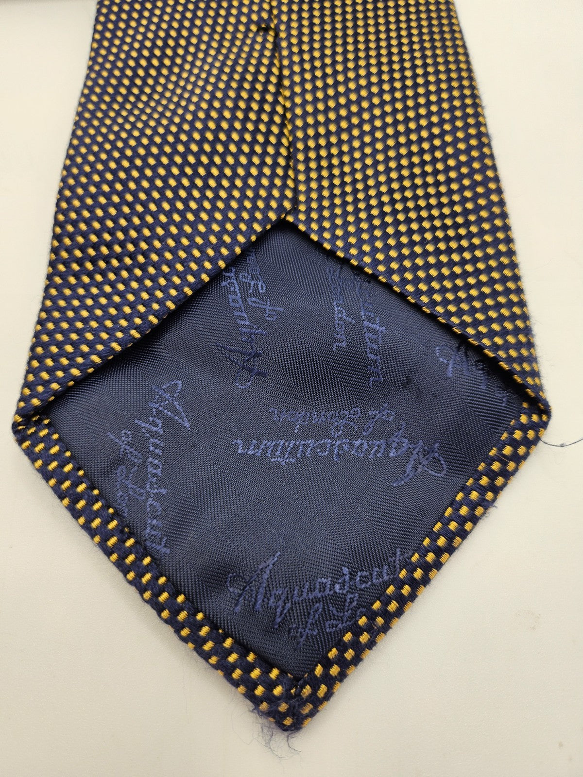 Aquascutum Mens Silk Tie Yellow Polka Dot Textured Vtg Retro Wedding Neck Tie R1