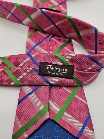 T.M.Lewin Mens Silk Tie Pink Green Blue Checked Vtg Retro Wedding Neck Tie
