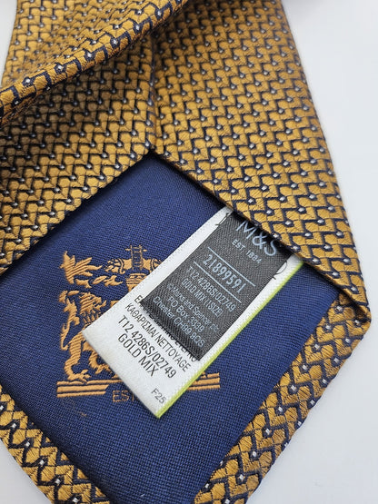 M&S Mens Silk Tie Gold Blue Geometric Vtg Retro Wedding Neck Tie