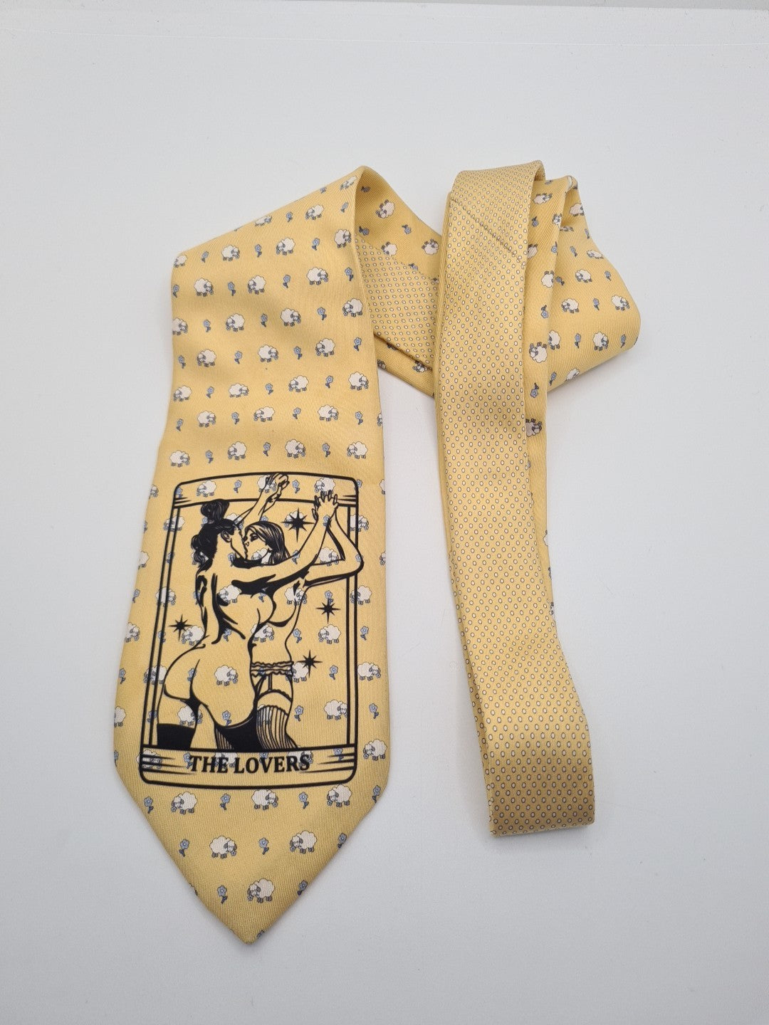 Yellow Lovers Tarot Tie | Reworked Vintage Mens Tie UK | Statement Novelty BX11