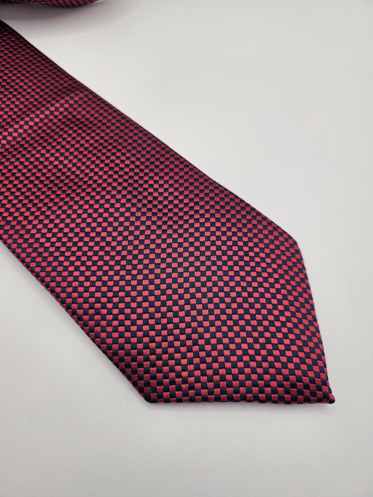 M&S Mens Tie Red Navy Geometric Checked Vtg Retro Wedding Neck Tie