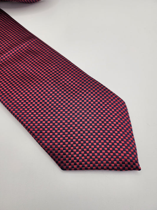 M&S Mens Tie Red Navy Geometric Checked Vtg Retro Wedding Neck Tie