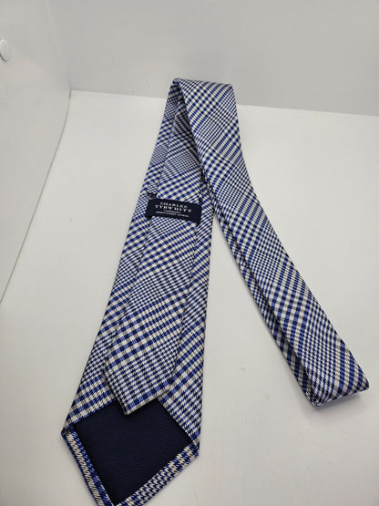 Charles Tyrwhitt Silk Tie Mens Blue White Glen Check Vintage Retro Neck Tie BX25