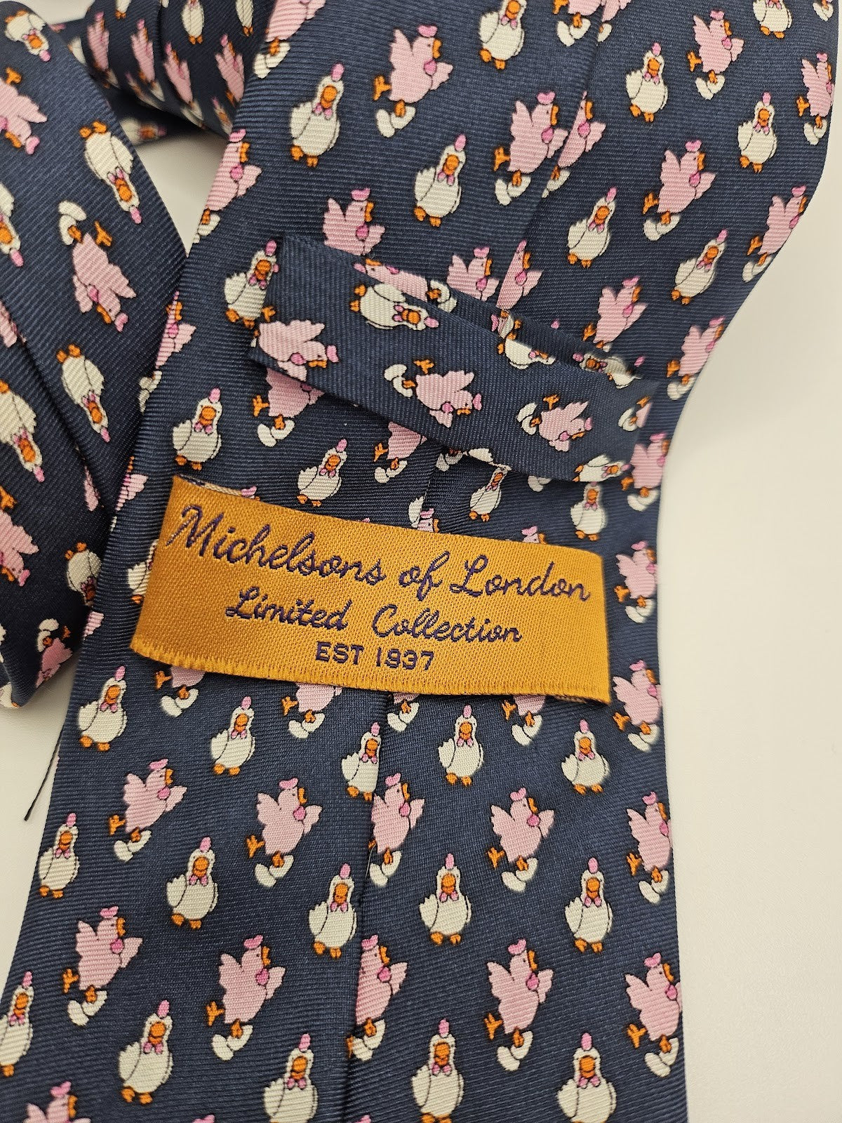 Michelsons of London Mens Silk Tie Navy Pink Pig Novelty Vtg Retro Neck Tie