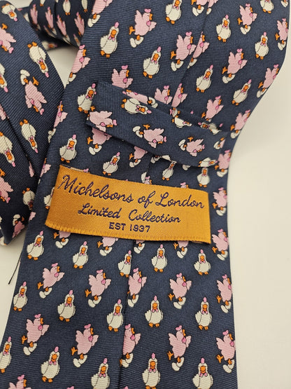 Michelsons of London Mens Silk Tie Navy Pink Pig Novelty Vtg Retro Neck Tie