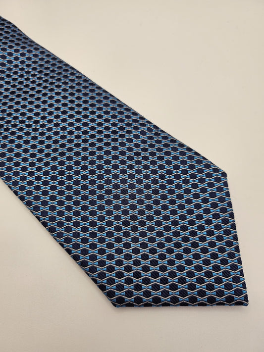 T.M.Lewin Mens Silk Tie Blue Geometric Vtg Retro Wedding Neck Tie