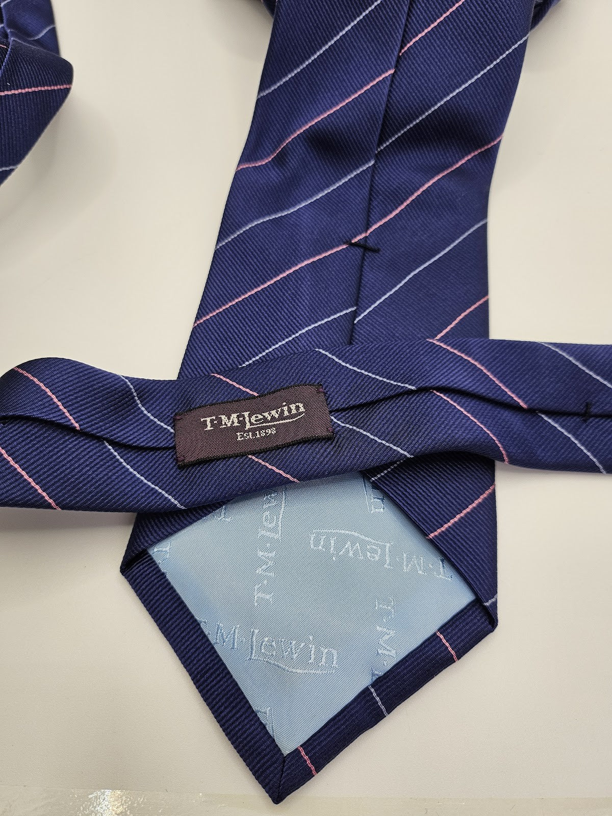 T.M.Lewin Mens Silk Tie Navy Blue Striped Vtg Retro Wedding Neck Tie