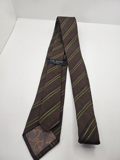 Ted Baker Silk Tie Mens Brown Green Striped Designer Vintage Retro Neck Tie BX15