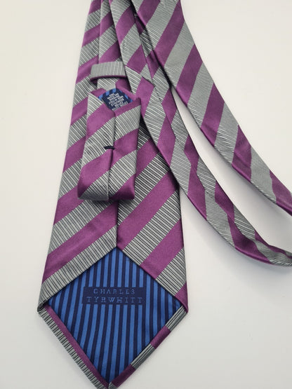 Charles Tyrwhitt Grey Stripe Wedding Mens Silk Tie Classic Formal Necktie Striped Vintage Mens Tie UK BX14