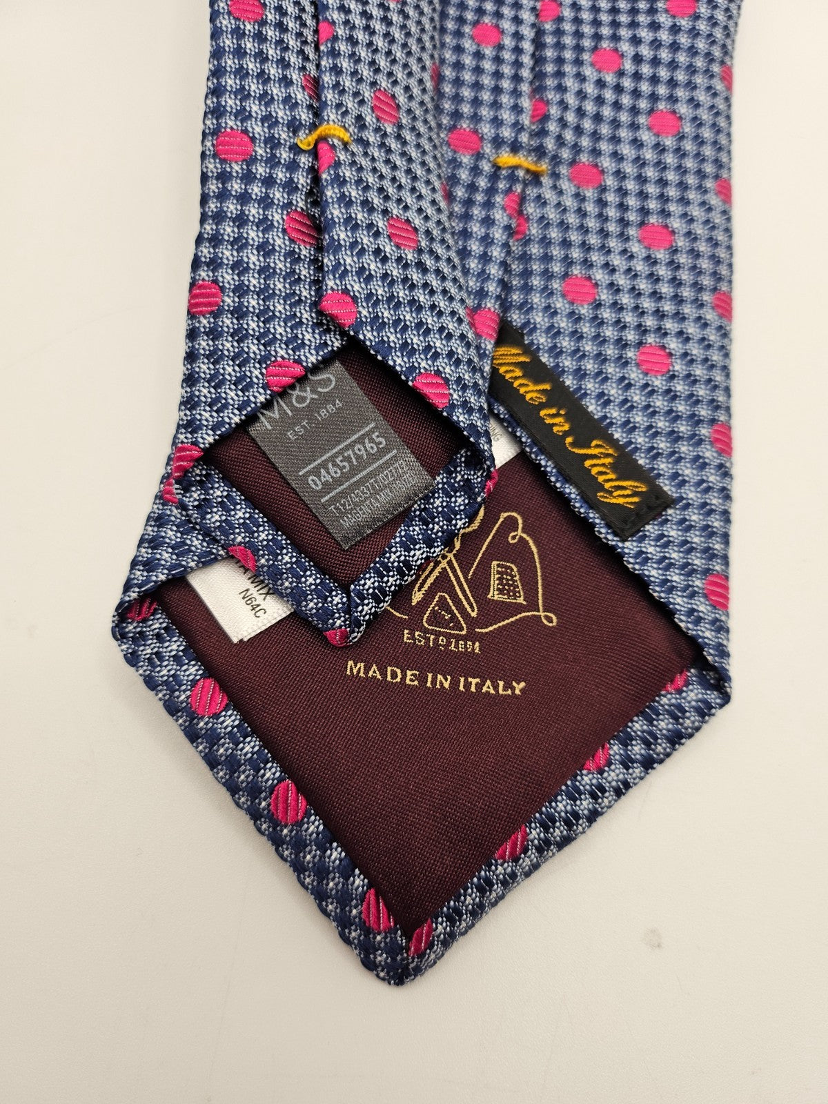Marks & Spencer Silk Tie Mens Navy Blue Pink Polka Dot Micro Retro Neck Tie BX2
