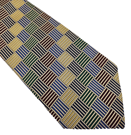 Turnbull & Asser Mens Silk Tie Blue Gold Geometric Vtg Retro Wedding Neck Tie R9