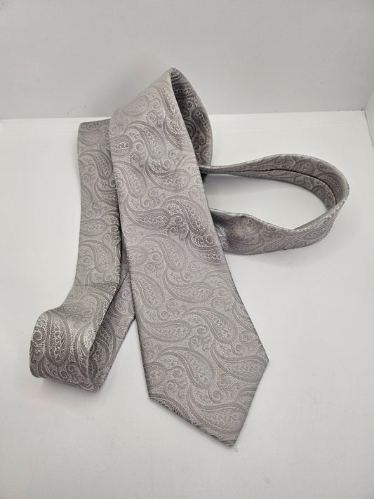 Hawes & Curtis Mens Silk Tie Silver Paisley Woven Vtg retro Wedding Neck Tie R1