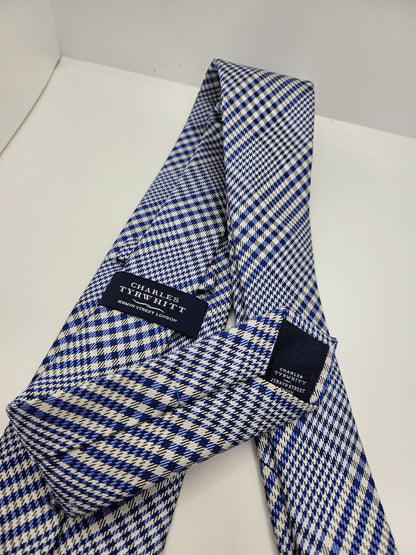 Charles Tyrwhitt Silk Tie Mens Blue White Glen Check Vintage Retro Neck Tie BX25