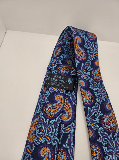 New & Lingwood Silk Tie Mens Blue Purple Bold Paisley Floral Retro Neck Tie BX15
